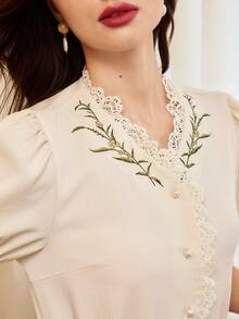 Vintamour Vintage Elegant Women Blouse With Floral Embroidery Ditsy Floral Lace Trim Ruched Ruffle Hem Button Pearl Collar Casual Office Holiday Top Summer Tops Summer Clothes Summer Outfits For Women Festival Outfits For Women Going Out Tops Going Out Outfits Elegant Women's Blouses Casual Blouses For Women Vacation Outfits Women Holiday Outfits For Women Summer Holiday Outfits Country Concert Outfit Women's Country Clothing Country Style For Women Female Country Look - Beige - View 1