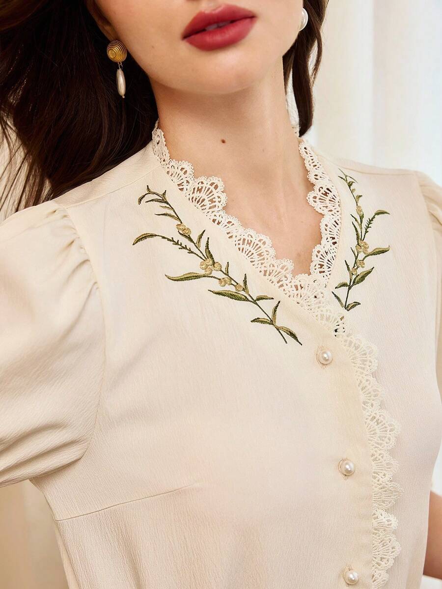 Vintamour Vintage Elegant Women Blouse With Floral Embroidery Ditsy Floral Lace Trim Ruched Ruffle Hem Button Pearl Collar Casual Office Holiday Top Summer Tops Summer Clothes Summer Outfits For Women Festival Outfits For Women Going Out Tops Going Out Outfits Elegant Women's Blouses Casual Blouses For Women Vacation Outfits Women Holiday Outfits For Women Summer Holiday Outfits Country Concert Outfit Women's Country Clothing Country Style For Women Female Country Look - Beige - View 1