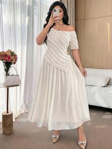 Feyla Plus Size Women's Elegant Vacation Style Solid Color Irregular Collar Textured Fabric Top And Skirt 2-Piece Set - Apricot - View 6