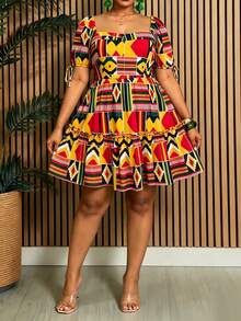 Villa Velisse Plus Size Women's Bohemian Boho Geometric All-Over Print Mini Dress, Bowknot Backstrap, Yellow, Square Neck Short Sleeve, Holiday Travel, Vacation - Multicolor - View 5
