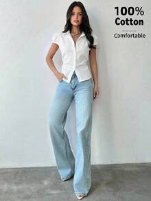 Firerie Camisa de manga corta a rayas azules y blancas para mujer, camisa con cintura anudada, camisa casual para ir al trabajo, camisa de vacaciones, camisa a rayas con cintura ceñida, adecuada para primavera, verano, otoño e invierno, elegante, vacaciones, bohemia, atuendo de trabajo - Blanco - Ver 8