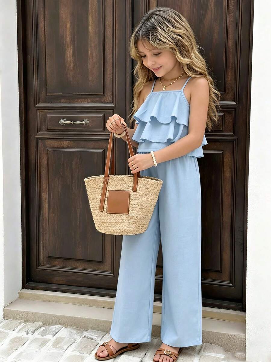 SHEIN Sparklyn Bộ đồ đi chơi cho bé gái tuổi teen, áo hai dây xếp tầng bèo nhún + quần ống rộng họa tiết hoa, thanh lịch cho đi chơi hàng ngày, đi biển, chụp ảnh - Màu xanh lam - Xem 1