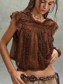 Bohemela Áo blouse nữ thanh lịch ren đục lỗ, phù hợp cho kỳ nghỉ xuân/hè - màu nâu - Xem 6