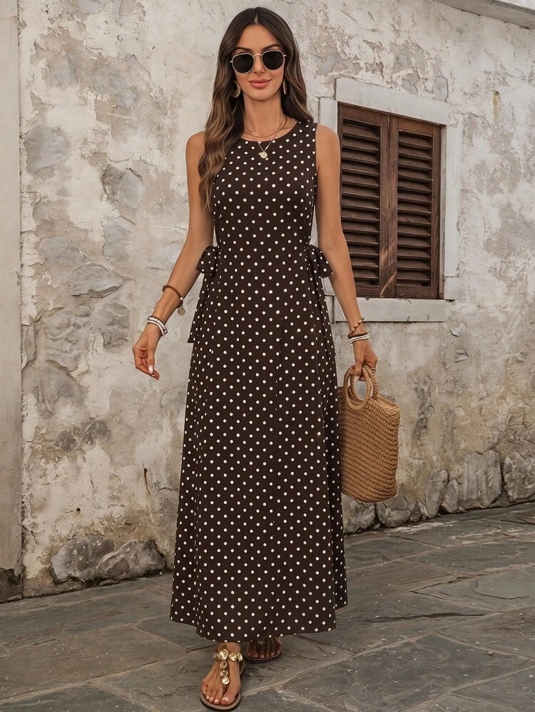 Women's Casual Boho Brown And White Polka Dot Print Sleeveless Dress For Vacation Vacation Summer Going Out Outfits Elegant Dress For Women