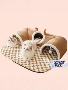 1PC Indoor Cat Tunnel Bed, Suitable For Multiple Cats, Small Cat Hide-And-Seek Tunnel Bed, Cat Tunnel With Ball Toy Included, Detachable And Washable Small Animal Bed, Suitable For Small Cats, Rabbits, Pet Tunnel, Winter Cat Hide-And-Seek Cat Tunnel Play And Sleep All In One Cat Bed. - Multicolor - View 1