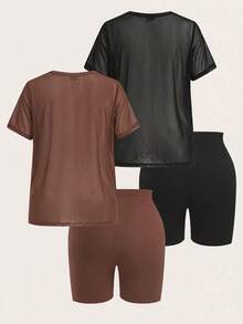 SHEIN EZwear 春夏新款休闲宽松透视网纱短袖上衣搭配骑行短裤，适合日常、派对、通勤、音乐节、返校、海滩度假、街头穿搭、城市漫步等场合，黑色和棕色可选，大码套装 - 彩色 - 查看 2