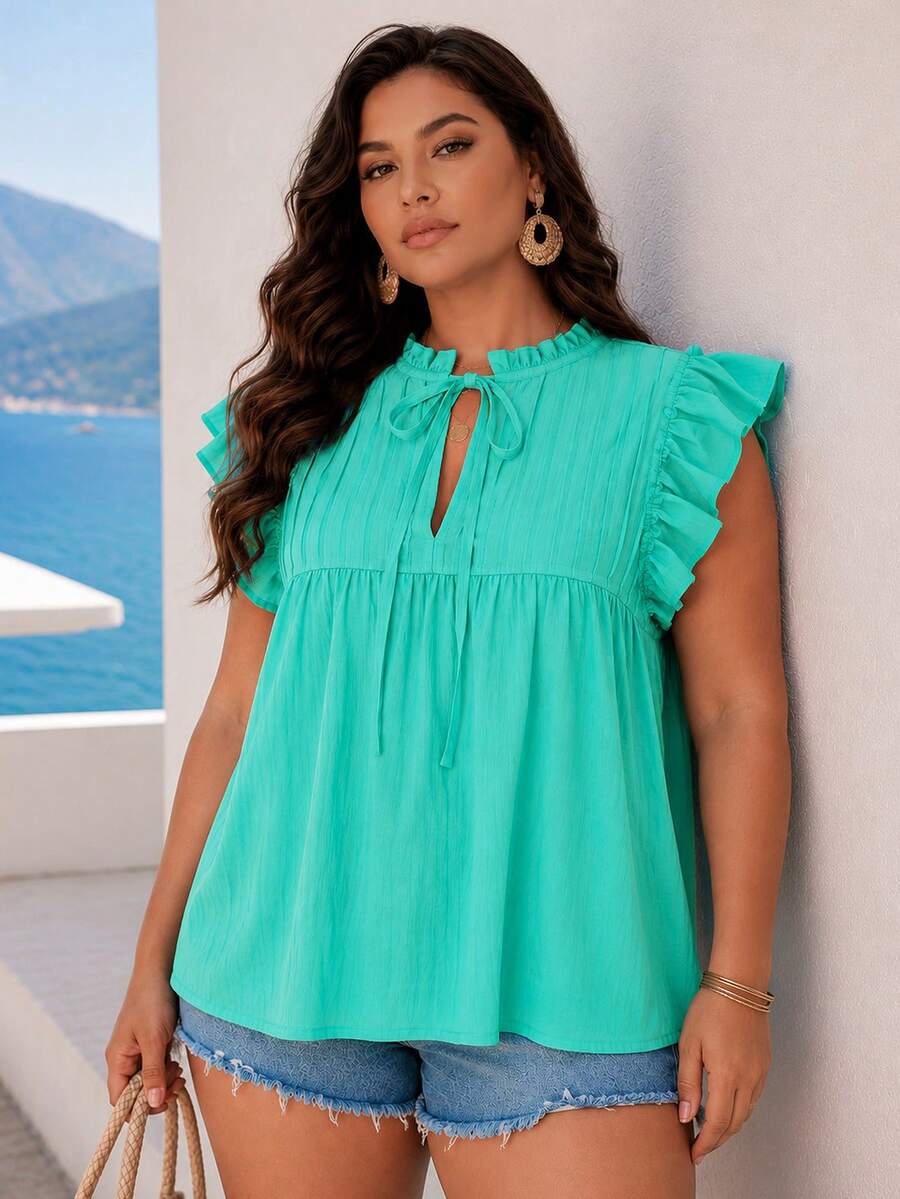 ELLERISSA Plus Size Light Blue Sleeveless Boho Bib Linen-Look Top Vacation Summer - Mint Blue - View 1