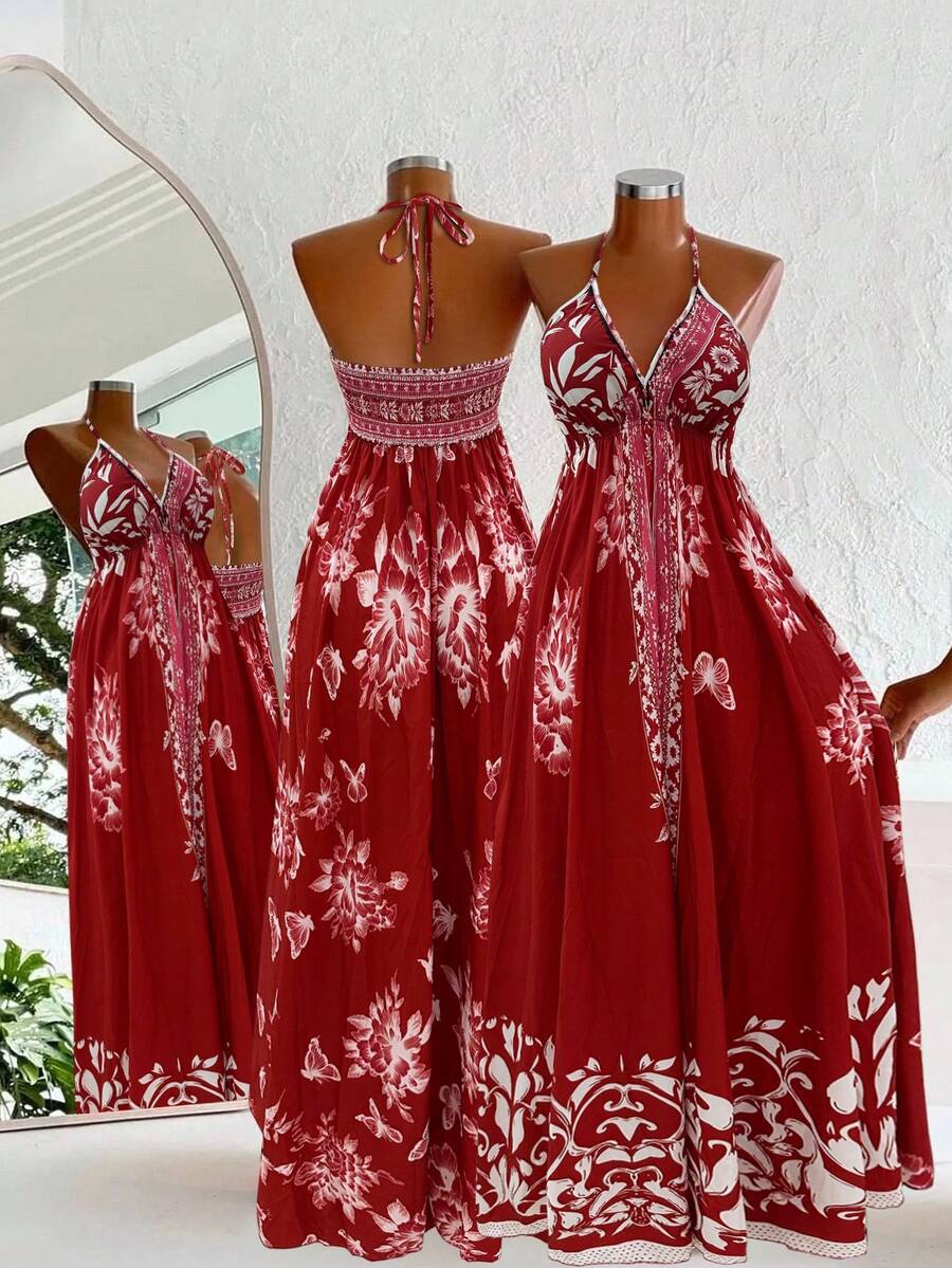Flirla Bohemian Style Printed Beach Slip Dress - Rose Red - View 1