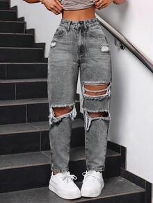 SHEIN Tall 女款休閒街頭風水洗做舊斜口袋牛仔褲，適合高個女性 - 淺灰色 - 查看 3