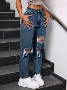 SHEIN Tall 女款休閒水洗磨損牛仔長褲 - 藍色 - 查看 6