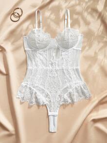 SHEIN Combinaison sexy à bretelles pour femme avec patchwork de dentelle florale et volants mode - Blanc - Voir 1