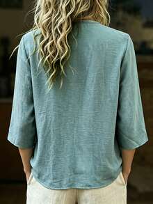 SHEIN Pure Linen Plain V-Neck Long Sleeve Shirt - Baby Blue - View 3