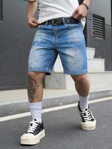 Manfinity Homme Pantalones cortos de mezclilla con bolsillo, botones y estampado pintado, versátiles y de moda para hombres, para vacaciones - Azul - Ver 4