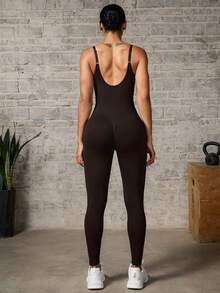 Easithlete Easithlete Solid Color Backless Fitted Camisole Sports Jumpsuit - Mocha Brown - View 4