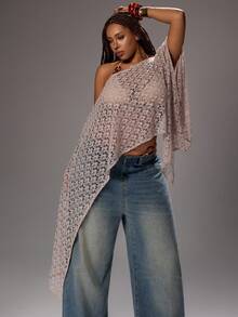 Rustia Blusa casual versátil de uso diario con hombro asimétrico y unicolor para mujer de talla grande - Albaricoque - Ver 7