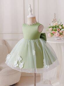 Glamorique Kids Vestido verde de cetim sem mangas para bebês meninas com decoração floral 3D, bordados feitos à mão com miçangas, laço nas costas, ideal para daminhas de honra em aniversários, casamentos e festas. - Verde - Ver 7