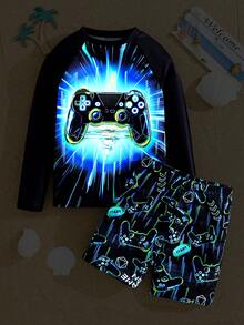 SHEIN Conjunto de tankini de 2 piezas con patrón que brilla en la oscuridad de videojuegos ajustado para niño preadolescente, adecuado para primavera/verano, vacaciones en la playa - Azul - Ver 10