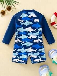 SHEIN Đồ bơi liền thân dài tay cho bé trai sơ sinh/bé trai, họa tiết cua dễ thương, sọc xanh phối màu tương phản, phù hợp đi nghỉ mát, đi biển, lướt sóng, đồ bơi bé trai, đồ bơi dài tay - Màu xanh lam - Xem 3