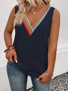 EMERY ROSE Women's Spring/Summer New Hot-Selling Colorful Wavy Striped Pattern Patchwork Neckline, Casual Versatile Short Sleeve Plus Size T-Shirt - Multicolor - View 4