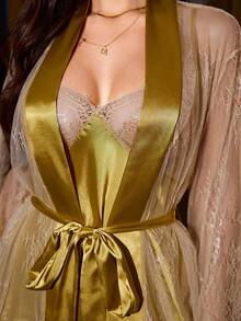 SilkySpell Lace Mesh Patchwork Faux Silk Camisole And Robe Sleepwear Set Night Black And Gold Autumn - Mustard Yellow - View 6