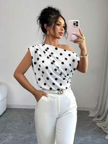 Elenzga Blusa roja con hombro asimétrico y fruncido para mujer - Blanco y Negro - Ver 1