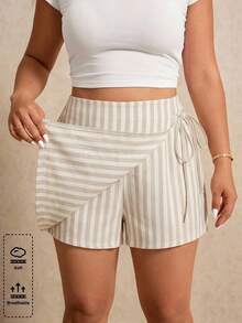 Elaquor Plus Size Women's Striped Asymmetric Hem Side Waist Tie Vacation Skort - Multicolor - View 3