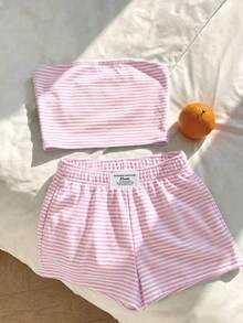 Comfortcana Bộ trang phục thường ngày tối giản, đa năng, phù hợp dự tiệc, sân bay, màu hồng trắng sọc với logo trên cạp quần, trang phục nghỉ dưỡng, đi biển, trang phục mùa hè cho nữ, áo ống và quần short 2 mảnh dành cho nữ. - Nhiều màu - Xem 1