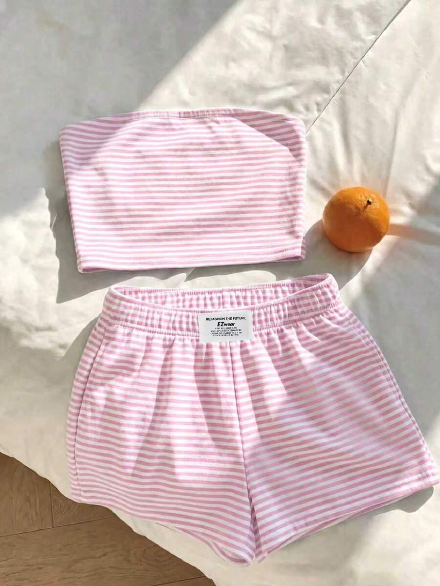 Comfortcana Bộ trang phục thường ngày tối giản, đa năng, phù hợp dự tiệc, sân bay, màu hồng trắng sọc với logo trên cạp quần, trang phục nghỉ dưỡng, đi biển, trang phục mùa hè cho nữ, áo ống và quần short 2 mảnh dành cho nữ. - Nhiều màu - Xem 1