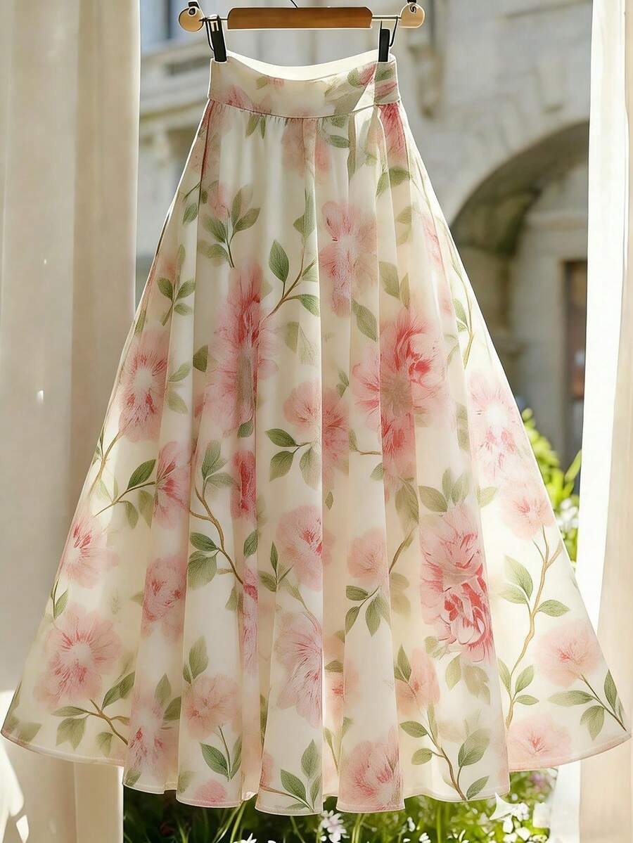 Franclia 女款白色與粉色花卉印花喇叭裙,優雅夏季茶會,彈性腰頭度假海灘休閒下身裙 - 彩色 - 查看 1
