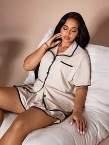 Lazeform Contrast Trim Lapel Loose Open Front Plus Size Women Pajama Set - Apricot - View 5