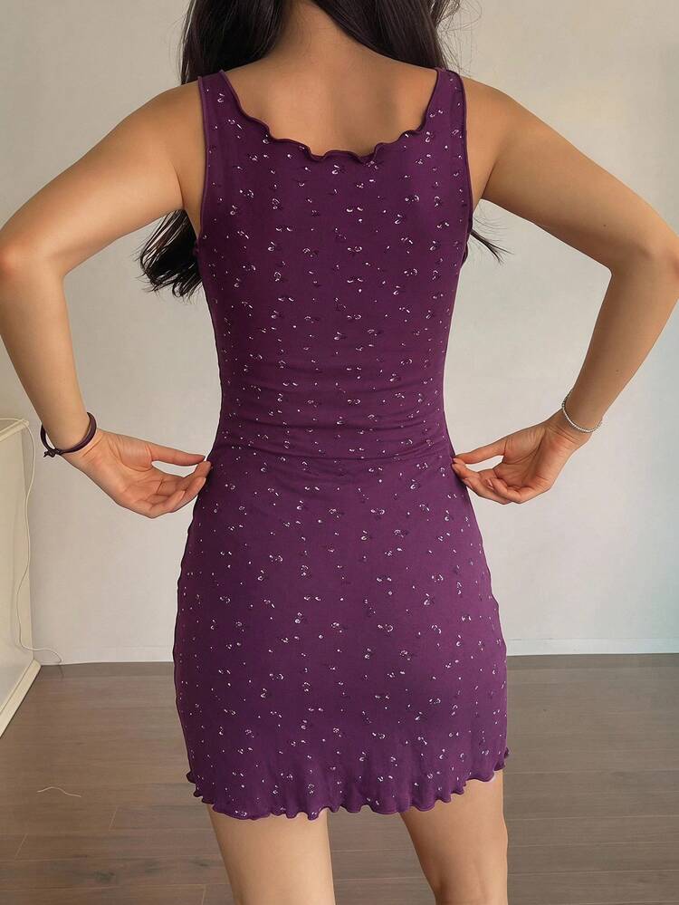 DAZY 甜美碎花無袖修身短洋裝，女款夏季睡裙 - 紫色 - 查看 2