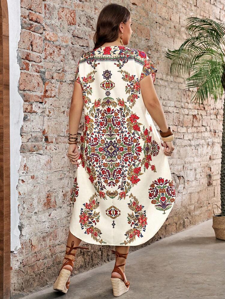 Plus Size Women Floral V-Neck Short Sleeve Elegant Dress