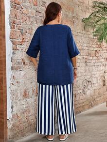 EMERY ROSE Plus Size Women's Solid Color Round Neck Short Sleeve Shirt And Striped Wide Leg Pants Casual 2-Piece Set Vacation Navy Blue Summer - Blue and White - View 2