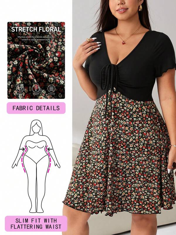 Solflare Plus Size Women Solid & Floral Patchwork Casual Dress