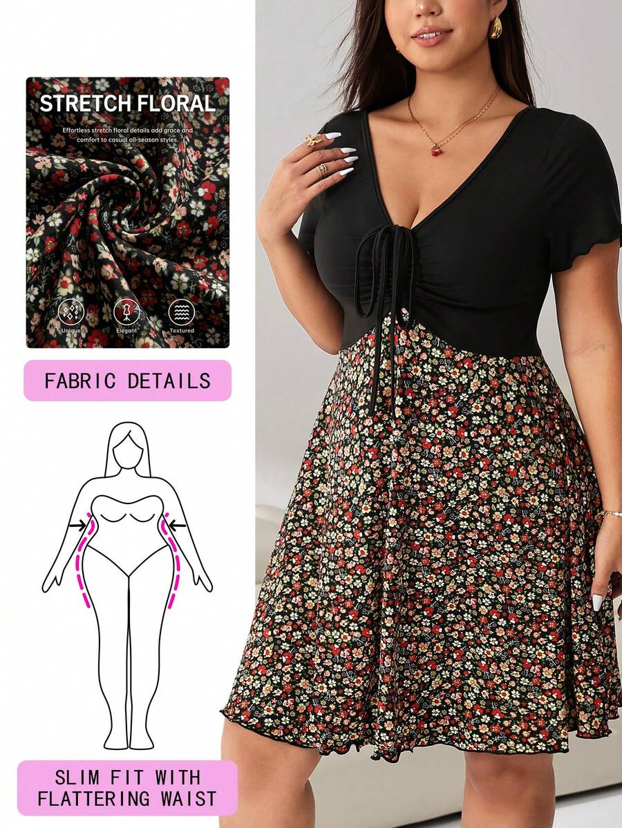 Solflare Plus Size Women Solid & Floral Patchwork Casual Dress - Multicolor - View 1