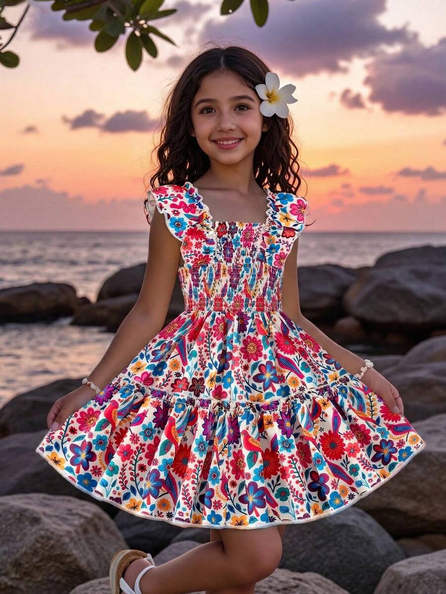 Vestido midi ajustado con estampado floral diminuto y colorido, adecuado para el Día de los Niños Mexicanos y la temporada de transición al verano para niñas jóvenes - Multicolor - Ver 1