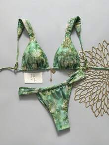 Swim Vcay 女款夏季海灘度假花卉印花比基尼三角褲分體泳衣套裝 綠色熱帶風 - 彩色 - 查看 1