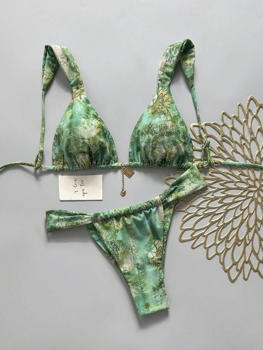 Swim Vcay 女款夏季海灘度假花卉印花比基尼三角褲分體泳衣套裝 綠色熱帶風 - 彩色 - 查看 1