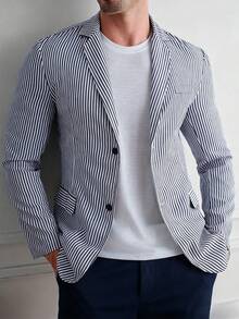 Core Aspect 白色條紋休閒西裝外套，輕量寬鬆單排扣男士商務西裝，夏季時尚禮儀正式款 - 彩色 - 查看 3