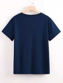 NostaNoir Fashion Versatile Leopard Cherry Print Navy Blue Round Neck Short Sleeve Women Top - Navy Blue - View 2