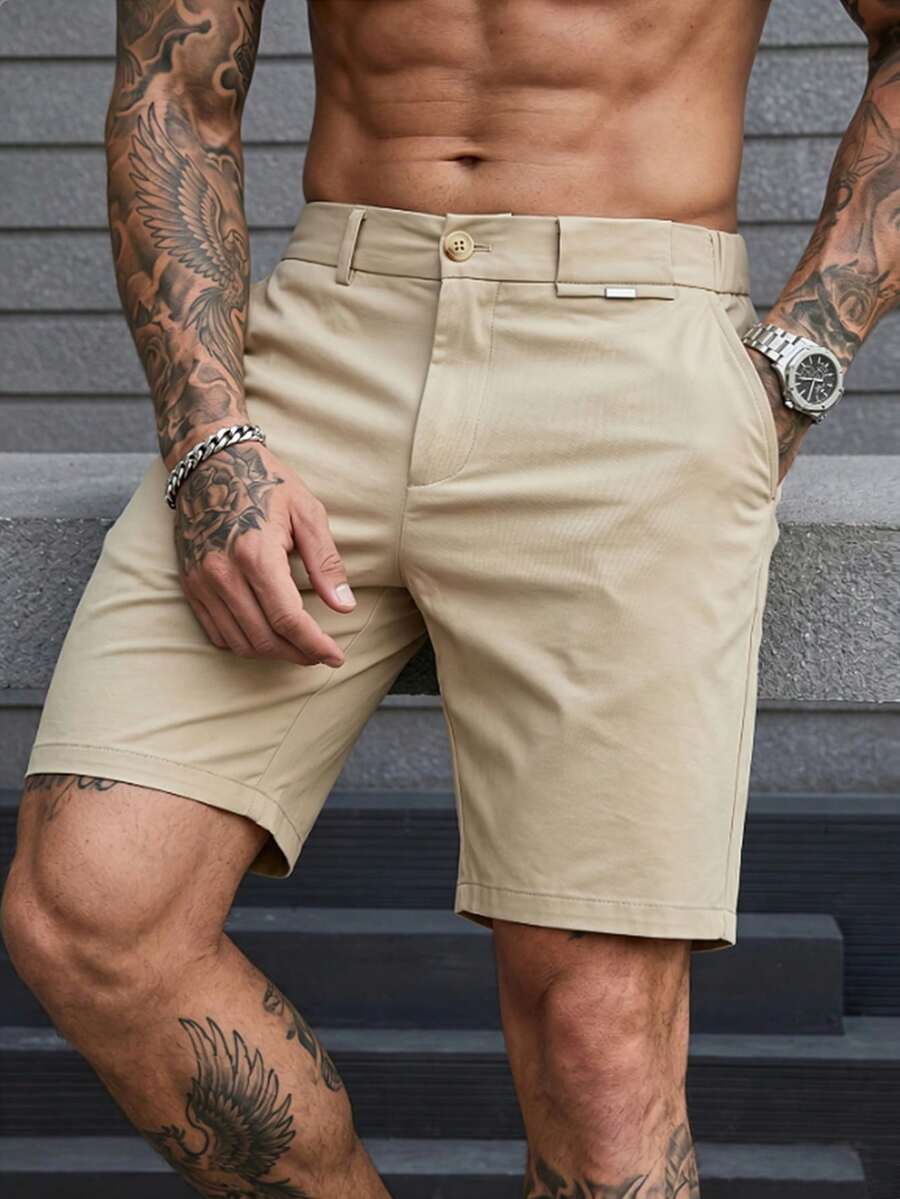 Manfinity CasualCool 男士休閒短褲,百搭通勤風,時尚膝長內縫,度假卡其色,夏季世界盃假期,老錢風,日常休閒,週末旅行,戶外活動,辦公室,旅行探險,輕鬆工作環境或半正式場合,男友/丈夫禮物,週年/生日禮物,派對,秋季假期,婚禮,春季至夏季,復活節,Y2K,復古,節慶,街頭風,返校 - 卡其色 - 查看 1