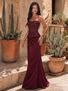 Glamrae Elegant Luxurious Jacquard Satin Patchwork Strapless Fishtail Dress With Ruched Sleeves,Suitable For Weddings,Parties,Balls And Formal Events - Burgundy - View 5