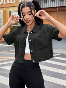 SHEIN ICON 休閒寬鬆短袖女款牛仔短版襯衫，適合夏季牛仔外套 - 黑色 - 查看 4