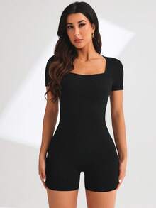Glamine Jumpsuit Yoga Olahraga Bergaris Tanpa Jahitan dengan Elastisitas Tinggi - Hitam - View 4