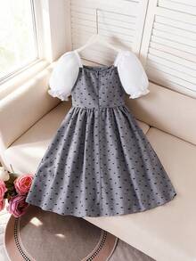 Elladie kids Tween Girls' Summer Casual Cute Fashionable Dress, Grey Puff Sleeve Woven Fabric, Short Sleeve Splicing Bow Print Dress, Suitable For Back To School - Grey - View 2