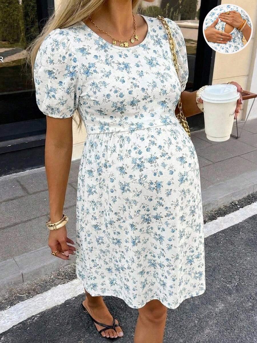 SHEIN 小碎花圓領短澎袖哺乳洋裝,適合孕婦穿著 - 藍白色 - 查看 1