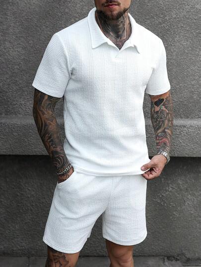 Manfinity Homme Plus Size Men's Textured Casual, Daily, Holiday, Gift For Husband/Boyfriend Short Sleeve Polo Shirt And Shorts Set