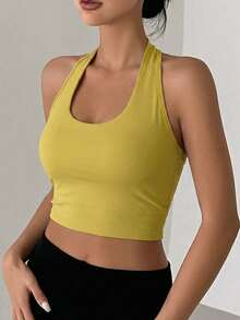 DAZY Solid Color Padded Lightly Lifting Racerback Sports Bra For Women - Yellow - View 3