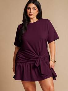 SHEIN BAE Gaun Pendek Lengan Pendek dengan Ikat Pinggang Warna Aprikot untuk Wanita Ukuran Besar - Purple - View 1