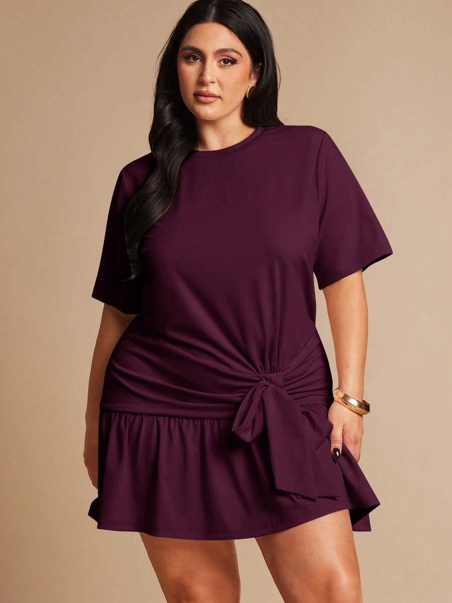 SHEIN BAE Gaun Pendek Lengan Pendek dengan Ikat Pinggang Warna Aprikot untuk Wanita Ukuran Besar - Purple - View 1